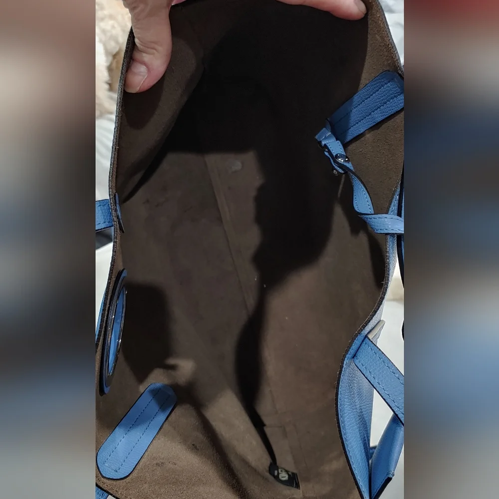 Fendi Blue Leather Tote Bag with Logo Cutout & Leather Tote Pouch